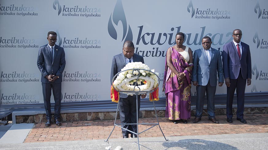 Nyusi pays tribute to the over one million victims of the 1994 Genocide against the Tutsi at Kigali Genocide memorial yesterday. Courtesy.