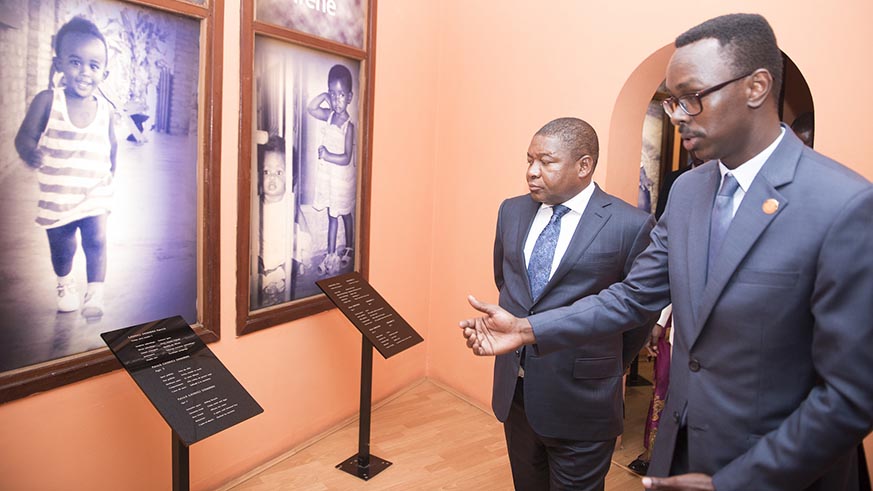 The Mozambican leader visits the section of children killed during the 1994 Genocide against the Tutsi, at the Kigali Genocide Memorial on Friday. Courtesy.