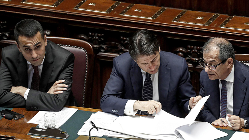 Italian Labour Minister Luigi Di Maio, Italian premier Giuseppe Conte and Italian Economy Minister Giovanni Tria at the Lower House ahead of a confidence vote on the government's programme, in Rome, Italy, 06 June 2018. Net.