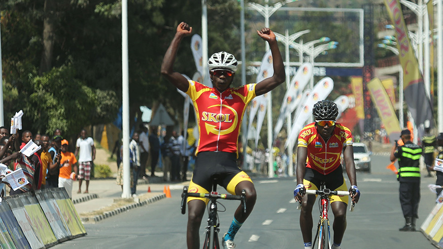 Tour du Rwanda 2015 winner and Benediction Club rider Jean Bosco Nsengimana  celebrates after winning yesterdayu2019s race. Sam Ngendahimana