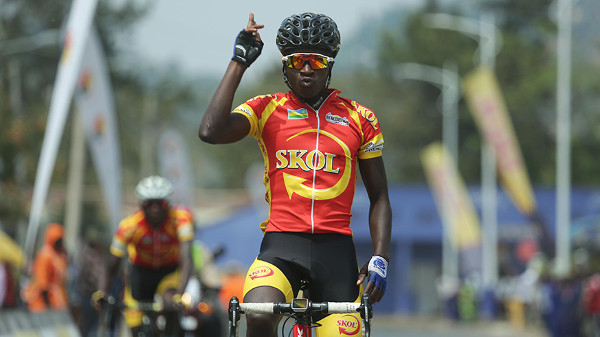 Benediction Club youngster Didier Munyaneza celebrates his victory as he won Karongi -Rubavu Race yesterday. Sam Ngendahimana.