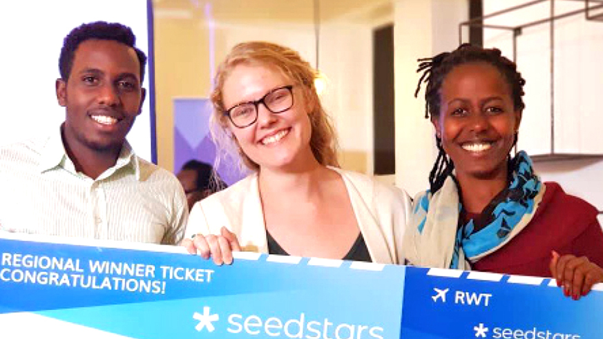 BeneFactors founder Olivia Zank (centre) at the Seedstars Kigali pitch event with BeneFactor team members Happy Kampire (right) and marketing and clients relations manager Paul Mucyo (left). Courtesy. 
