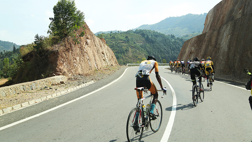 Riders climb some mountain in Kivu Belt road during the race