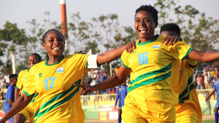 She-Amavubi skipper Gloria Sifa Nibagwire and Alice Kalimba celebrate Rwandau2019s goal in their opener against Tanzania last week. Sam Ngendahimana.