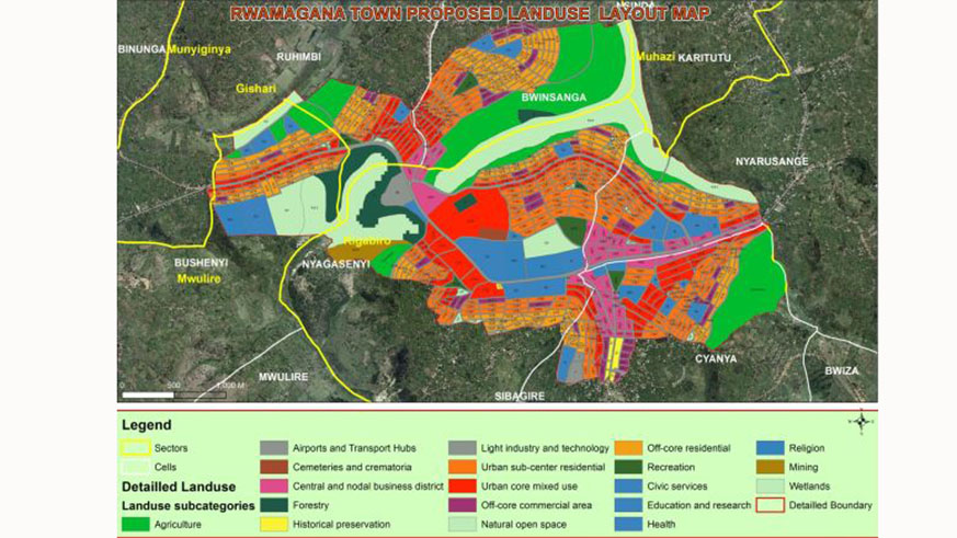 This is the detailed physical master plan for Rwamagana town that covers more than 1,000ha. The conceptual featured plan is more than 5,600 hactare, according to the construction permitting officer.