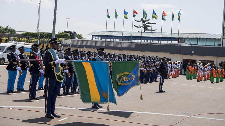 A guard of honour mounted by the Rwanda Defence Forces as part of the departure ceremony in honour of visiting Indian Prime Minister Narendra Modi at Kigali International Airport on Tuesday. Village Urugwiro.