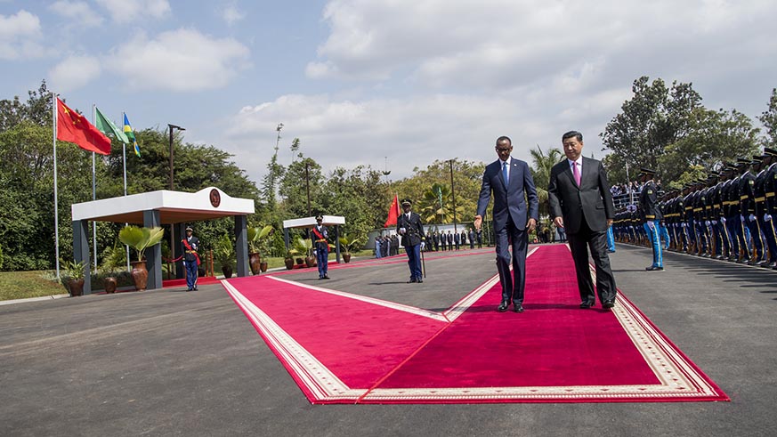 Chinese President Xi Jinping and his host President Paul Kagame at the welcome ceremony at Village Urugwiro in Kacyiro on Monday. Village Urugwiro.