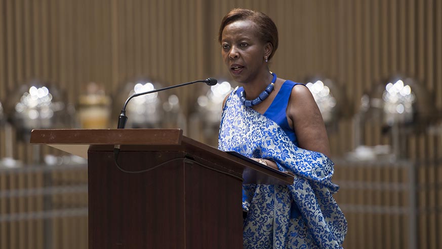Foreign Affairs minister Louise Mushikiwabo speaks at the talks between the two sides on Monday. Village Urugwiro.