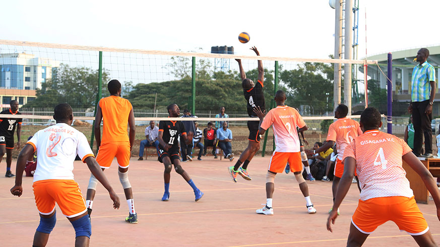 Gisagara Volleyball Club players are seen here during a past friendly match against DR Congou2019s Espoir VC in June at Amahoro Stadium. Sam Ngendahimana