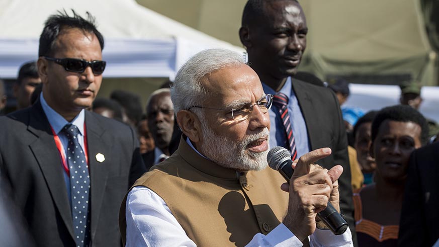 Indiaâ€™s Prime Minister Narendra Modi addresses the residents of  Rweru Sector in Bugesera District on Tuesday â€“ some of whom were beneficiaries of his gift of 200 cows. Village Urugwiro.