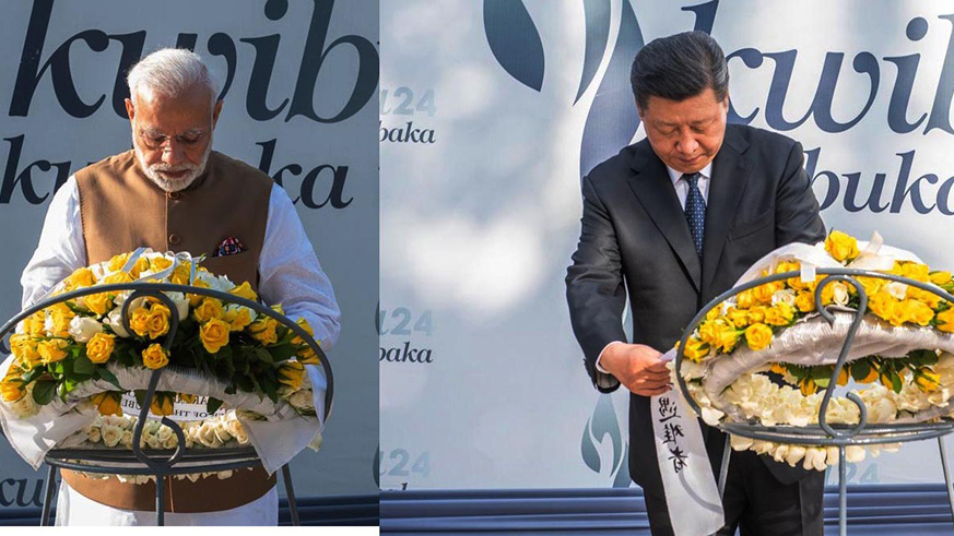 Prime Minister of India, Narendra Modi (left) and Chinese President Xi Jinping pay their respects to victims of the 1994 Genocide against the Tutsi. (Courtesy)