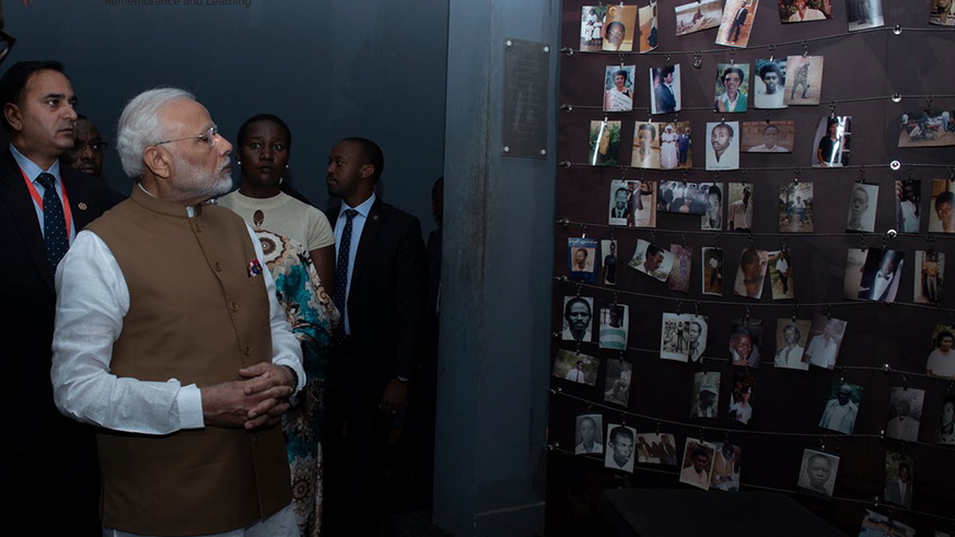 Prime Minister of India, Narendra Modi, being briefed about the history of the Genocide against the Tutsi including its causes, reality, and consequences and the journey towards reconciliation (Courtesy)