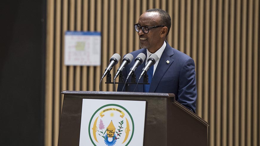 President Kagame addresses guests and officials during the luncheon at Kigali Convention Centre on Monday. Village Urugwiro.