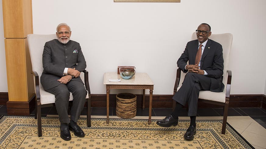 President Kagame and Prime Minister Narendra Modi moments after the Indian leaderâ€™s arrival in Kigali on Monday. Village Urugwiro.