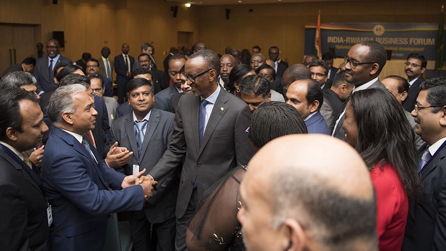 President Kagame interacts with some of the Indian business leaders at the India-Rwanda Business Forum in Kigali on Tuesday. Village Urugwiro.