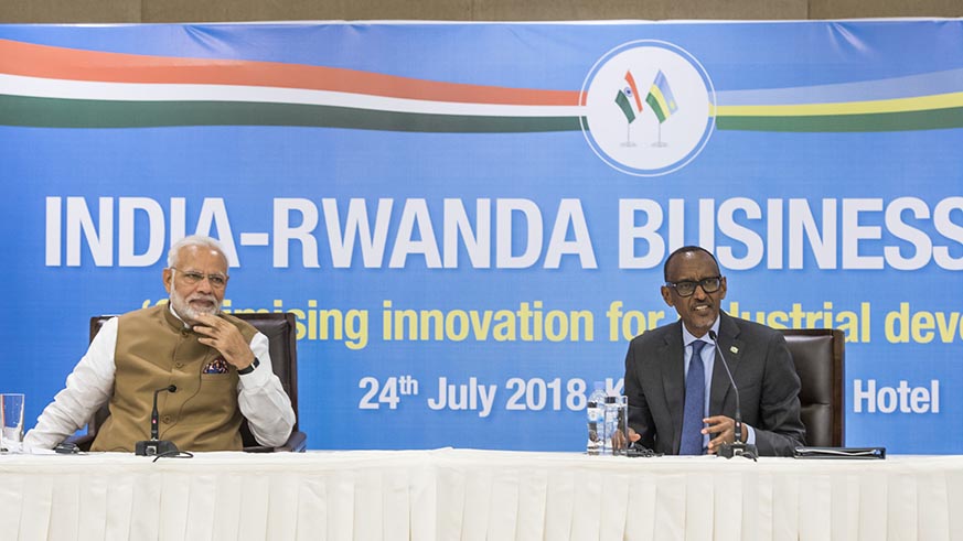 President Kagame speaks at the India-Rwanda Business Forum as visiting Indian Prime Minister Narendra Modi looks on, in Kigali Tuesday. Village Urugwiro.