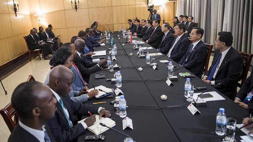 Presidents Paul Kagame and Xi Jinping and their respective delegations during bilateral talks that resulted in the signing of 15 agreements and Memoranda of Understanding at Village Urugwiro on Monday. Village Urugwiro.