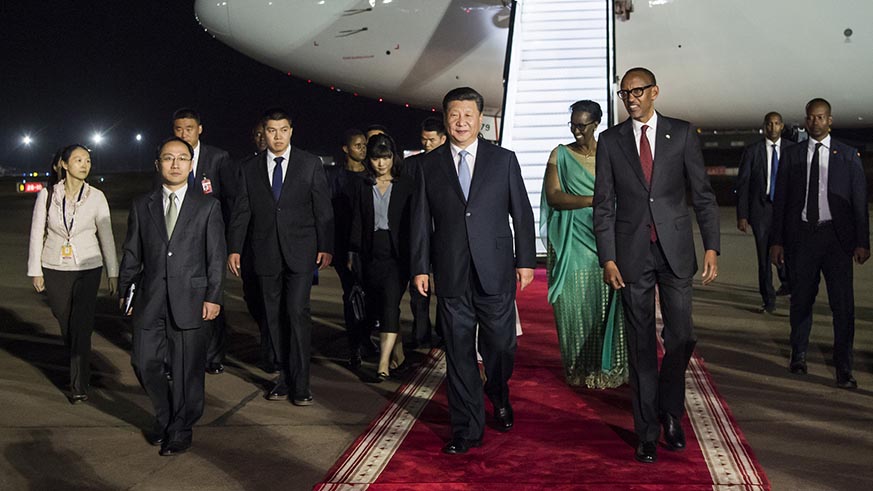 Presidents Paul Kagame and Xi Jinping shortly after the Chinese leaderâ€™s arrival at Kigali International Airport on Sunday evening. Village Urugwiro.