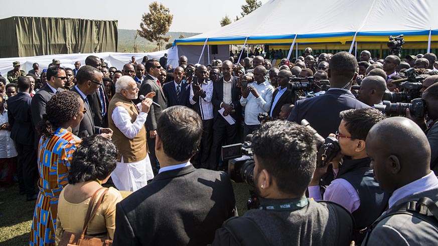 Prime Minister Narendra Modi addresses Rweru residents on Tuesday. Village Urugwiro.