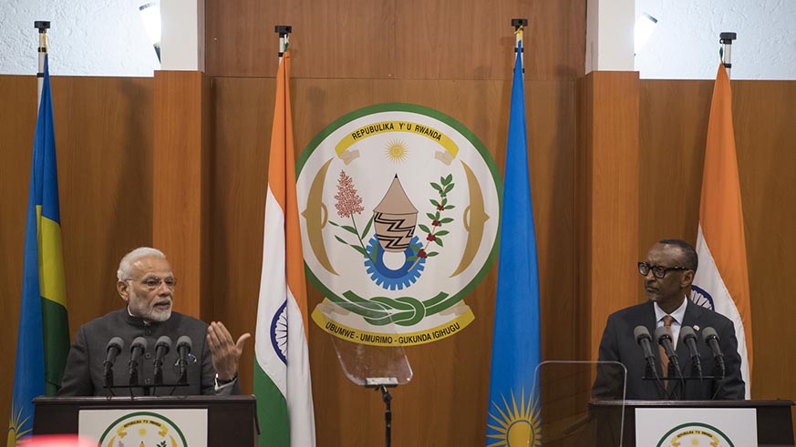 Prime Minister Narendra Modi and President Kagame address a joint briefing after both countries signed a raft of agreements in Kigali on Monday. Village Urugwiro.
