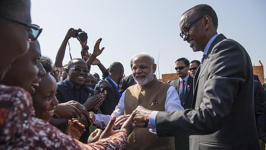 Prime Minister Narendra Modi and President Paul Kagame interact with Rweru residents in Bugesera District yesterday. Village Urugwiro.