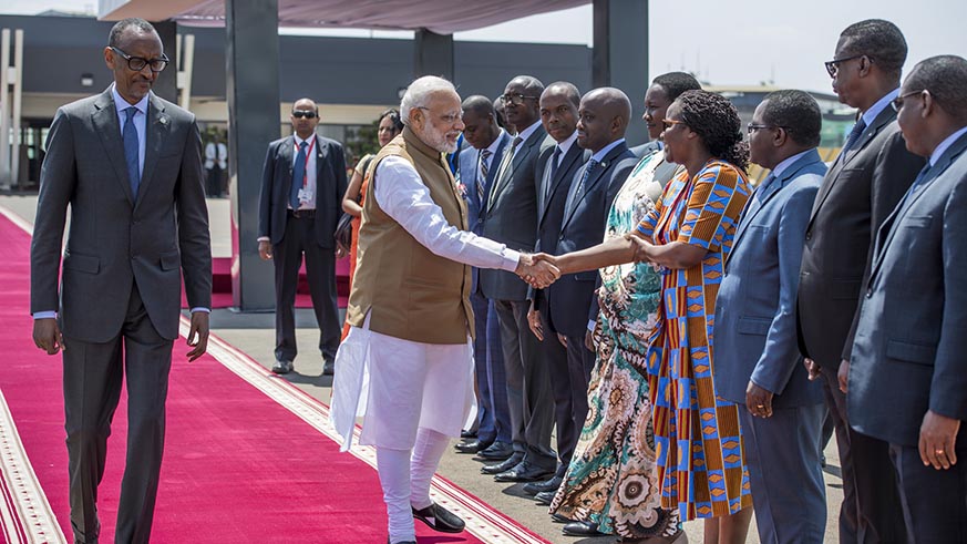 Prime Minister Narendra Modi bids farewell to Rwandan government officials at Kigali International Airport at the end of his two-day state visit on Tuesday. Village Urugwiro.