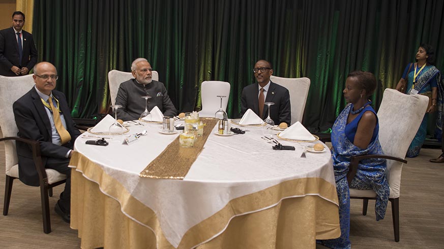 The Rwandan and Indian leaders during the state banquette at Kigali Convention Centre on Monday. Village Urugwiro.