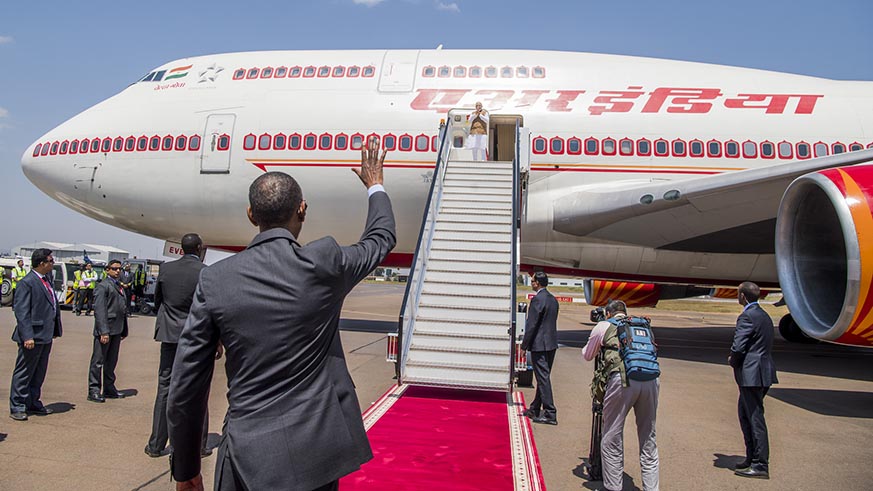The two leaders bid farewell to each other at Kigali International Airport as Narendra Modi concluded the first visit by an Indian Prime Minister to Rwanda. Village Urugwiro.