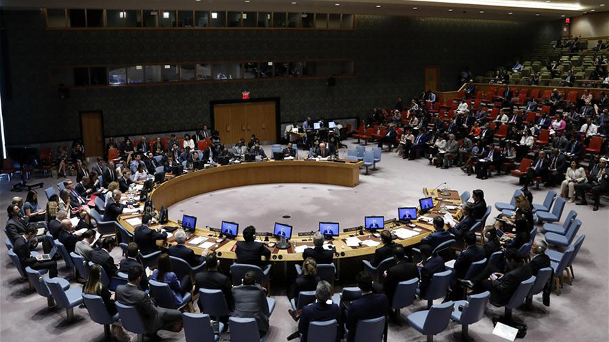 Photo taken on July 24, 2018 shows a general view of a United Nations Security Council meeting at the UN headquarters in New York, July 24, 2018. 