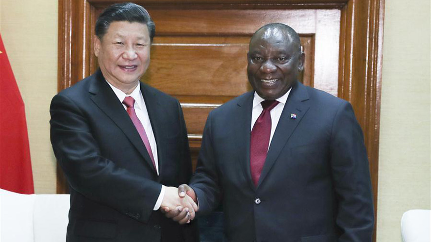 Chinese President Xi Jinping (L) and his South African counterpart Cyril Ramaphosa hold talks in Pretoria, South Africa, July 24, 2018. (Xinhua/Xie Huanchi)