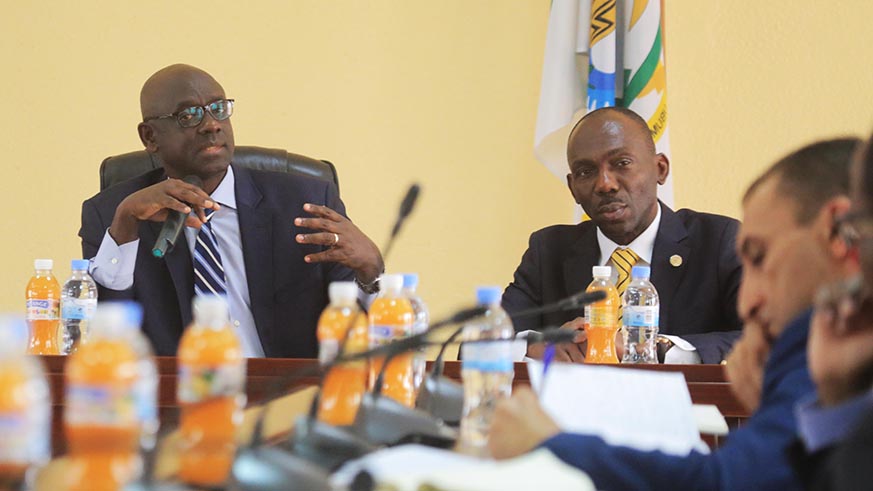Minister Busingye addresses a team of the African Union pre-election assessment mission in Kigali yesterday (Sam Ngendahimana)