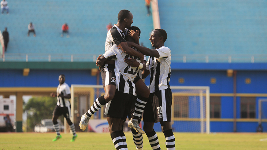 APR FC players celebrate the goal after stunning Police FC 3-0 during Peace Cup match at Amahoro stadium yesterday (Sam Ngendahimana)
