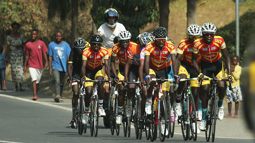 Club Benediction riders are seen here leading the peloton during Tour du Rwandau2019s build-up race from Karongi to Rubavu last weekend. Sam Ngendahimana.