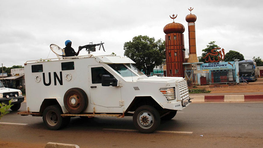 UN vehicles patrol a street, prior to the presidential election, in Bamako. Net photo.