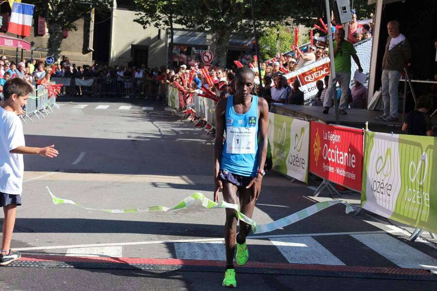 Felicien Muhitira crosses the finish-line to win the 2018 Marvejols-Mende Half Marathon in France yesterday. Courtesy