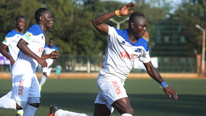 Rayonu2019s Malian striker Ismailla Dialla (right) and Pierrot Kwizera celebrate a goal during a past match. Sam Ngendahimana.