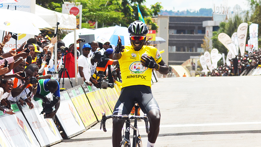 Two time Tour du Rwanda winner Valens Ndayisenga celebrates on winning the 2016 edition. Sam Ngendahimana.