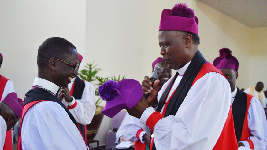 Gahini Anglican Diocese new leader Bishop Manasseh Gahima (L) and  the Archbishop of the Province of the Anglican Church of Rwanda, Dr Laurent Mbanda during the formeru2019s consecration last year. File. 