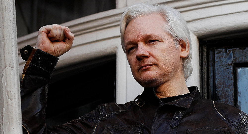 WikiLeaks founder Julian Assange is seen on the balcony of the Ecuadorian Embassy in London in 2017. / Sputnik