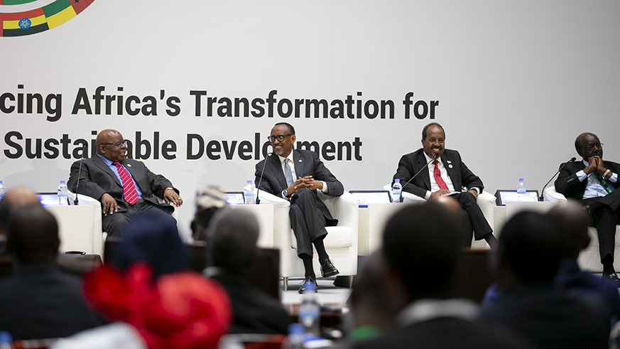 President Kagame along with former presidents Benjamin William Mkapa of Tanzania (left) and Hassan Sheikh Mohamud of Somalia on a panel at the African Leadership Forum at Kigali Convention Centre yesterday. The two-day summit, that attracted several former African Heads of State, political and business leaders, experts and activists, is running under the theme, â€˜Financing Africaâ€™s Transformation for Sustainable Developmentâ€™.  Village Urugwiro. 
