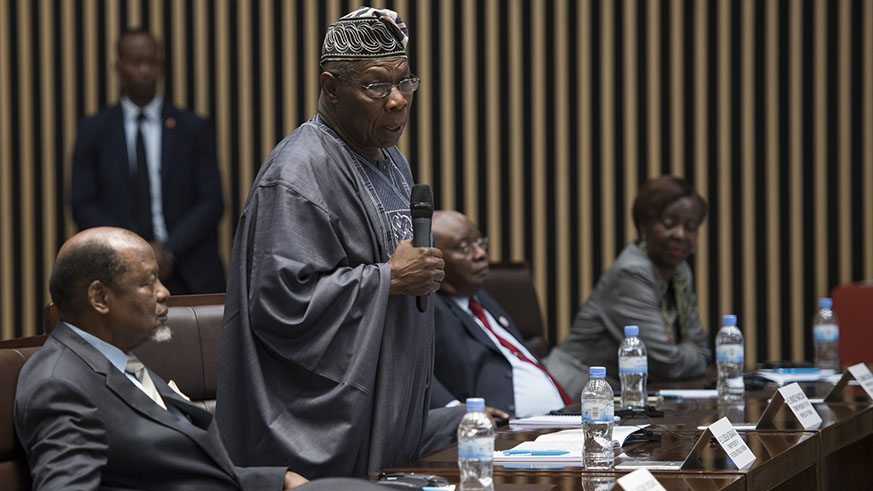 Former Nigerian President Olusegun Obasanjo makes an intervention at the two-day in Kigali yesterday. Village Urugwiro.