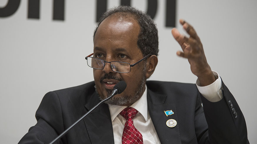 Former President Hassan Sheikh Mohamud of Somalia speaks on a panel on the opening day of the two-day summit in Kigali. Village Urugwiro.
