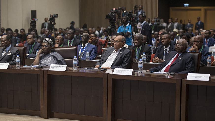 Front Row; left-right: Former Presidents Joaquim Chissano (Mozambique), Olusegun Obasanjo (Nigeria), Moncef Marzouki (Tunisia) and Armando Guebuza (Mozambique) are among some of the leaders attending the two-day summit in Kigali. Village Urugwiro.
