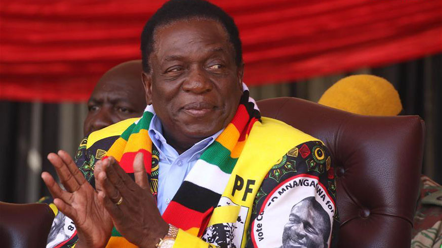 Zimbabwean President Emmerson Mnangagwa attends a rally in Harare, Zimbabwe, on July 28, 2018. Zimbabwean President Emmerson Mnangagwa ended his election campaign Saturday and rallied Zimbabweans to vote for the ruling ZANU-PF party in Monday's polls for national growth and prosperity. (Xinhua/Shaun Jusa)