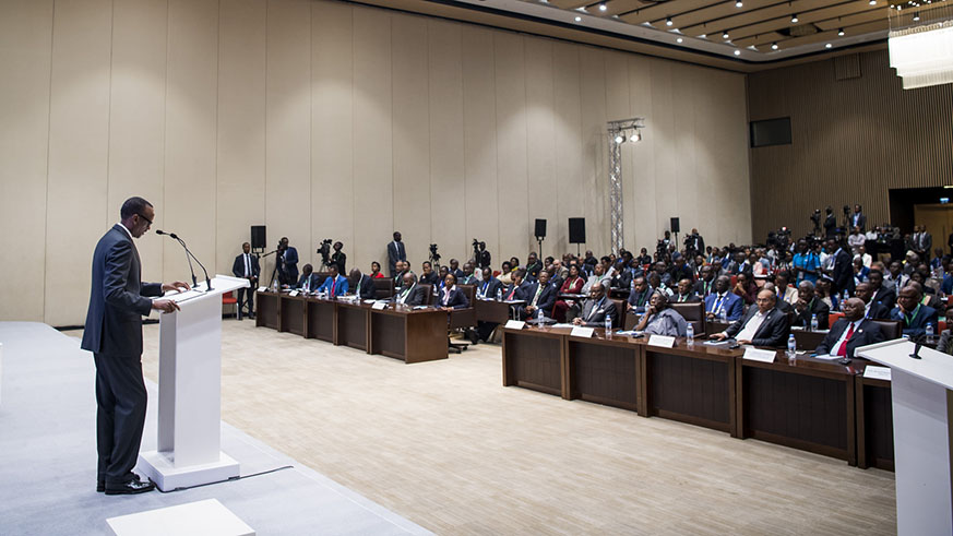 President Kagame addresses the African Leadership Forum yesterday. The high-level summit is running under the theme, â€˜Financing Africaâ€™s Transformation for Sustainable Developmentâ€™. Village Urugwiro.
