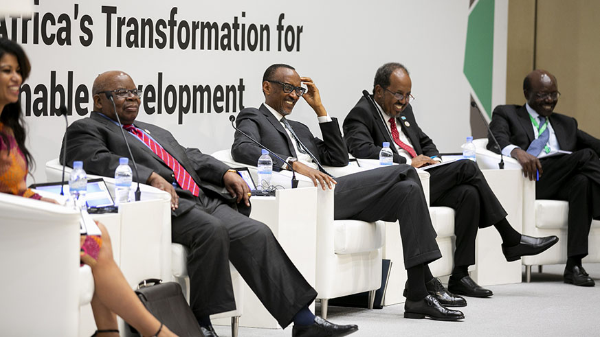 President Kagame, former Tanzanian president Benjamin William Mkapa (left), and former Somali president Hassan Sheikh Mohamud were part of a panel on Day I of the leadership summit, that also included Dr Mukhisa Kituyi, the Secretary-General of the United Nations Conference on Trade and Development (far right). Village Urugwiro.
