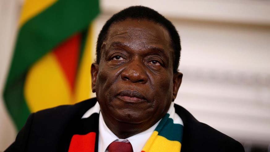 Zimbabweu2019s President Emmerson Mnangagwa looks on as he gives a media conference at the State House in Harare, yesterday. Net photo.