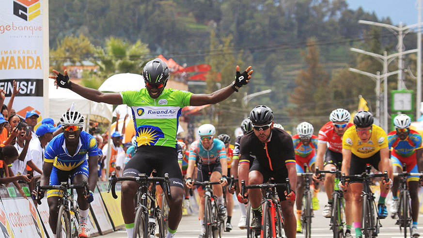 Tour du Rwanda 2017 winner Joseph Areruya celebrates the victory as he wins stage 3 in Musanze last year.  Sam Ngendahimana.