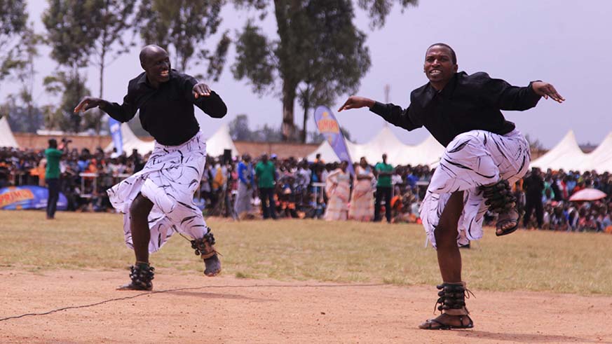 Urukerereza male dancers showcase different traditional Rwandan dances performances.