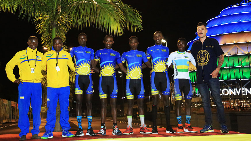 Team Rwanda pose for photo during team presentation yesterday